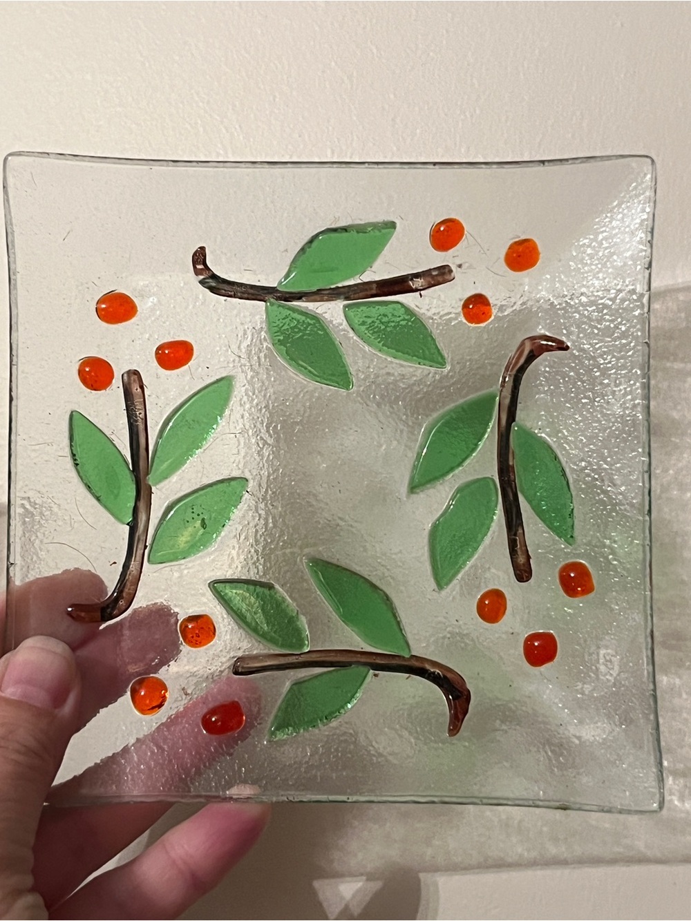 Holly Berry Fused Glass Square Trinket Plate